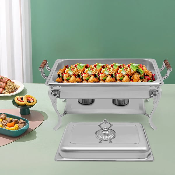 Buffetvarmer - Chafing Dish - 9 L Kapacitet - Rustfrit Stål & Massivt Træ - Til 2 Spritbrændere (Medfølger Ikke) - Rektangulær 66×36×40 cm
