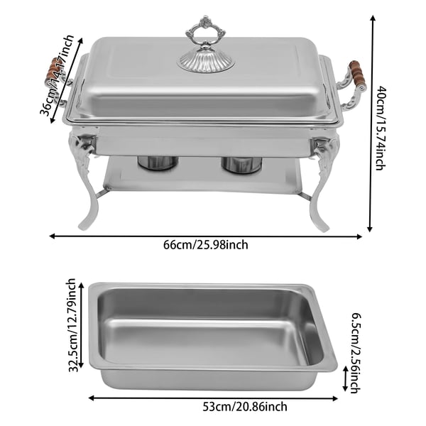 Buffetvarmer - Chafing Dish - 9 L Kapacitet - Rustfrit Stål & Massivt Træ - Til 2 Spritbrændere (Medfølger Ikke) - Rektangulær 66×36×40 cm