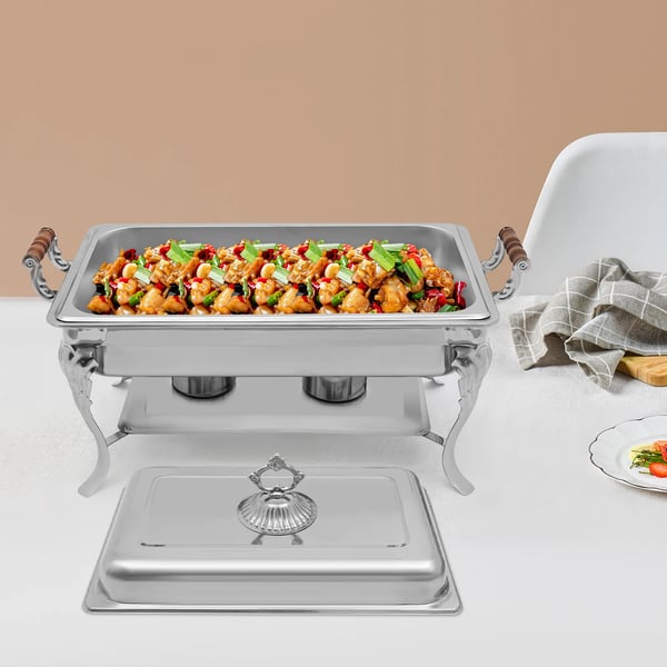 Buffetvarmer - Chafing Dish - 9 L Kapacitet - Rustfrit Stål & Massivt Træ - Til 2 Spritbrændere (Medfølger Ikke) - Rektangulær 66×36×40 cm