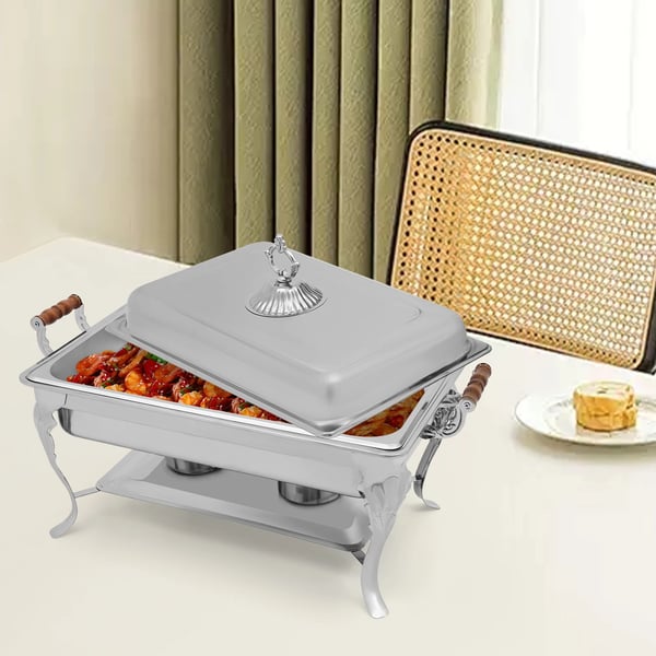 Buffetvarmer - Chafing Dish - 9 L Kapacitet - Rustfrit Stål & Massivt Træ - Til 2 Spritbrændere (Medfølger Ikke) - Rektangulær 66×36×40 cm