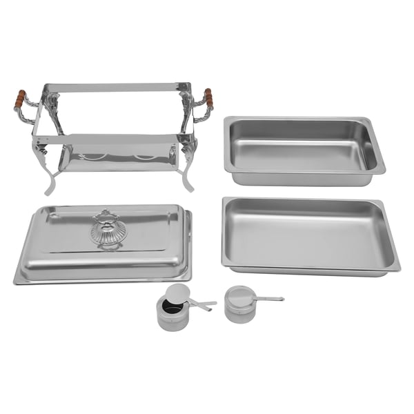 Buffetvarmer - Chafing Dish - 9 L Kapacitet - Rustfrit Stål & Massivt Træ - Til 2 Spritbrændere (Medfølger Ikke) - Rektangulær 66×36×40 cm