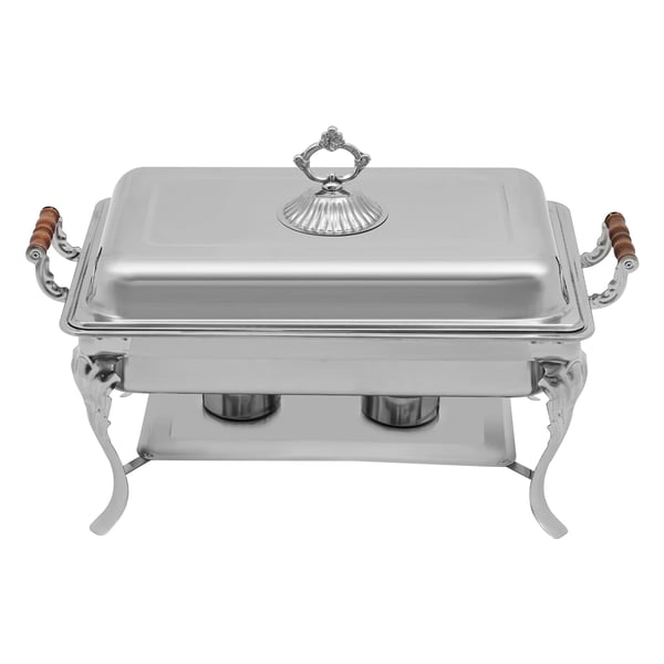 Buffetvarmer - Chafing Dish - 9 L Kapacitet - Rustfrit Stål & Massivt Træ - Til 2 Spritbrændere (Medfølger Ikke) - Rektangulær 66×36×40 cm