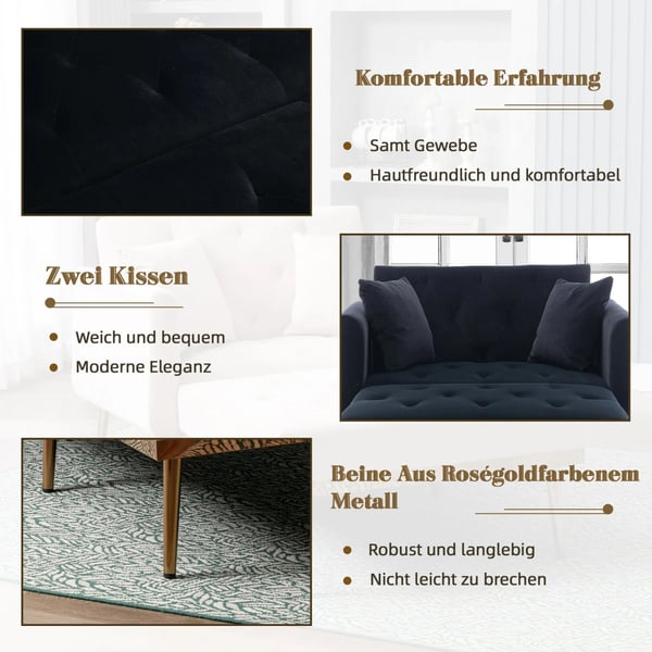 Soffa - Bäddsoffa 2-sits - Fällbar - Justerbart Ryggstöd - Sammet - 165×90×77 cm - Träram - Djupblå