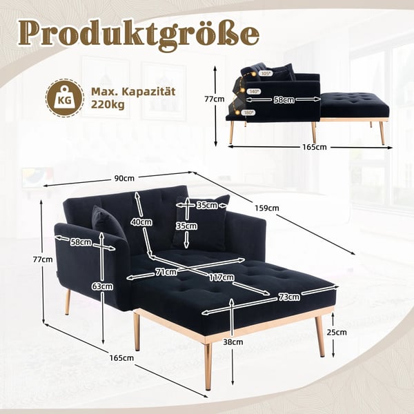 Soffa - Bäddsoffa 2-sits - Fällbar - Justerbart Ryggstöd - Sammet - 165×90×77 cm - Träram - Djupblå