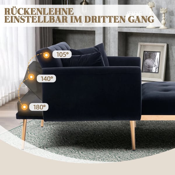 Soffa - Bäddsoffa 2-sits - Fällbar - Justerbart Ryggstöd - Sammet - 165×90×77 cm - Träram - Djupblå