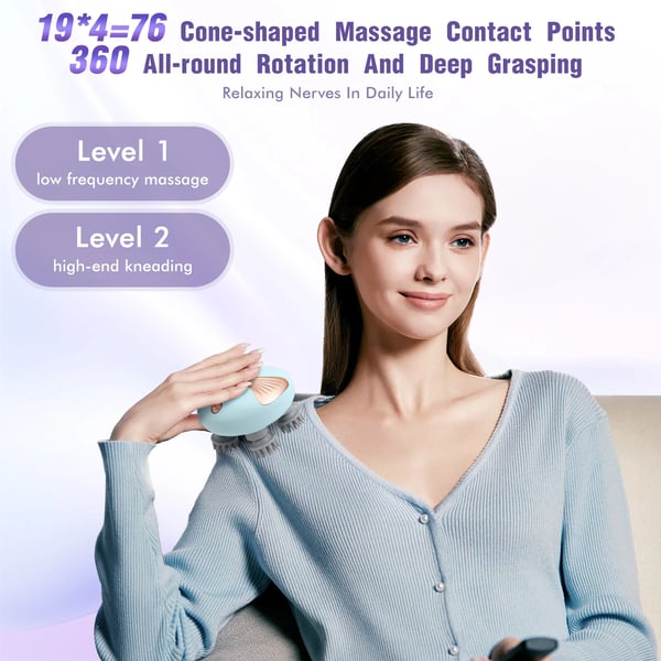 Elektrisk hovedmassager - Håndholdt hovedbundsmassager - IPX7 vandtæt - 4 æltehoveder - 2 hastigheder - USB-genopladelig - Blå