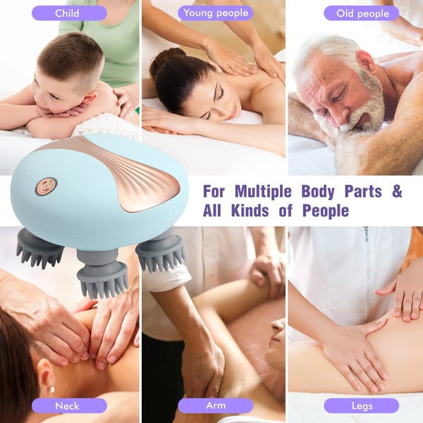 Elektrisk hovedmassager - Håndholdt hovedbundsmassager - IPX7 vandtæt - 4 æltehoveder - 2 hastigheder - USB-genopladelig - Blå
