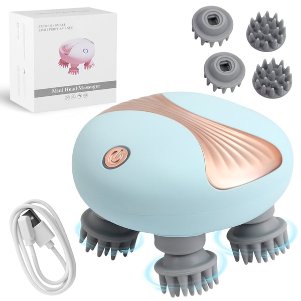 Elektrisk hovedmassager - Håndholdt hovedbundsmassager - IPX7 vandtæt - 4 æltehoveder - 2 hastigheder - USB-genopladelig - Blå