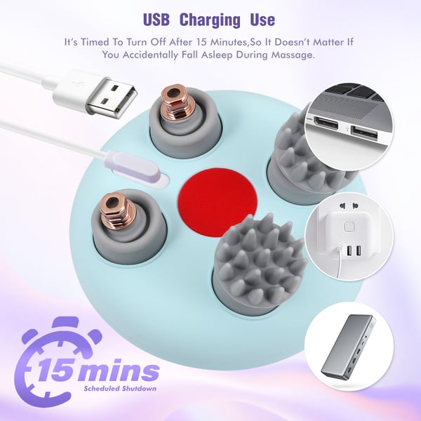 Elektrisk hovedmassager - Håndholdt hovedbundsmassager - IPX7 vandtæt - 4 æltehoveder - 2 hastigheder - USB-genopladelig - Blå