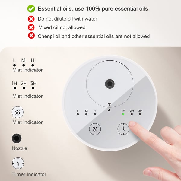 Diffuser til æteriske olier - Nebuliserende vandfri aromaterapi - Batteridrift & USB-opladning - Timer 1/2/3 t/kontinuerlig - Mini/portabel - Hvid