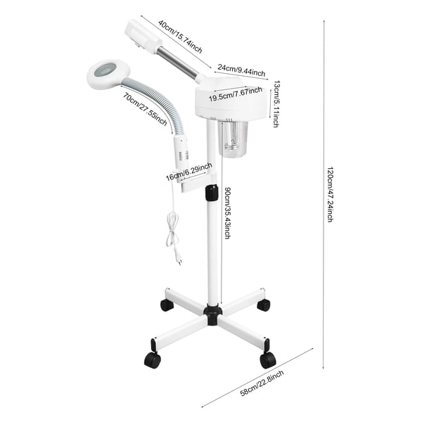 Ansigtsdamper - 2-i-1 med lup-lampe - 800 W - Nano varm tåge - UV-sterilisering - 440° justerbar arm - EU-stik - Elfenbensfarve