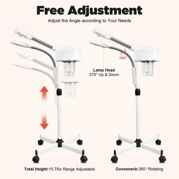 Ansigtsdamper - 2-i-1 med lup-lampe - 800 W - Nano varm tåge - UV-sterilisering - 440° justerbar arm - EU-stik - Elfenbensfarve