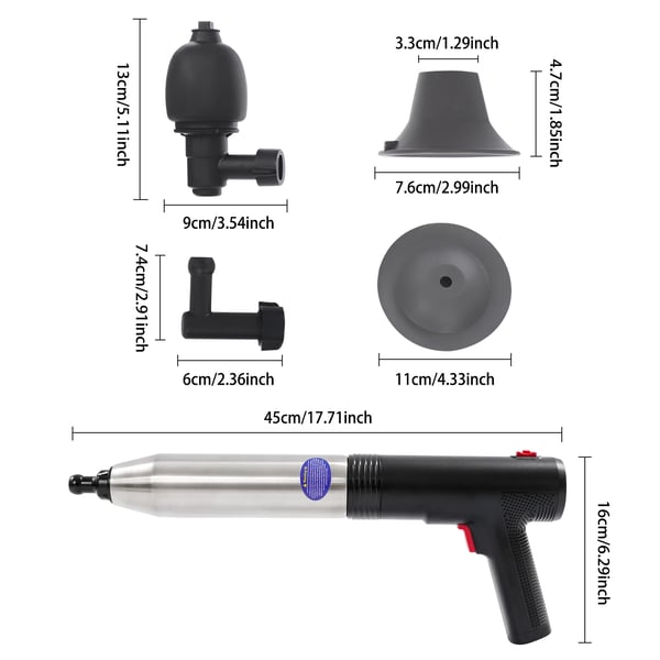 Elektrisk afløbsrenser - Toiletstempel - Højtryksluft - Genopladelig 1500 mAh - 100–240 V - 45×16 cm - ABS & rustfrit stål - Sort
