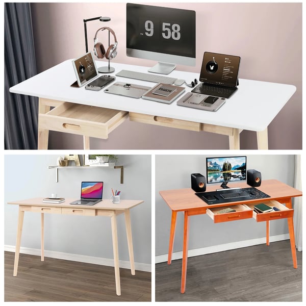 Computerskrivebord - Rektangulær model - 120×55×74 cm - 2 skuffer - Skjulte greb - MDF & gummitræ - Valnød
