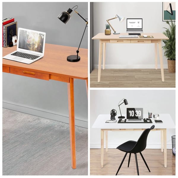 Computerskrivebord - Rektangulær model - 120×55×74 cm - 2 skuffer - Skjulte greb - MDF & gummitræ - Valnød