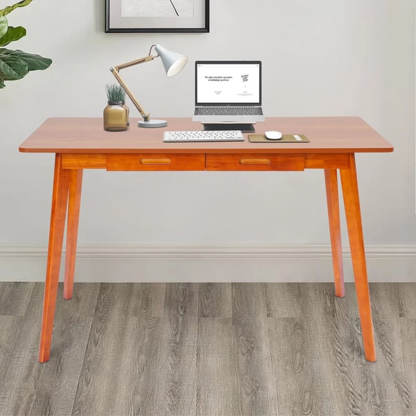 Computerskrivebord - Rektangulær model - 120×55×74 cm - 2 skuffer - Skjulte greb - MDF & gummitræ - Valnød