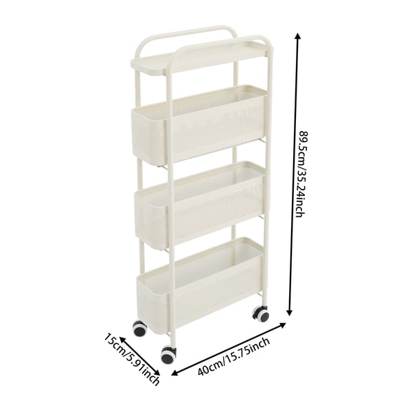 Slank rullevogn - opbevaringsvogn - 4 niveauer - 15 cm smal - udtrækkelige netkurve - kulstofstål - med hjul - 40×15×89,5 cm - mælkehvid