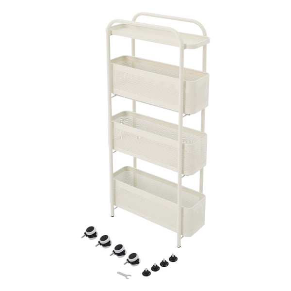 Slank rullevogn - opbevaringsvogn - 4 niveauer - 15 cm smal - udtrækkelige netkurve - kulstofstål - med hjul - 40×15×89,5 cm - mælkehvid