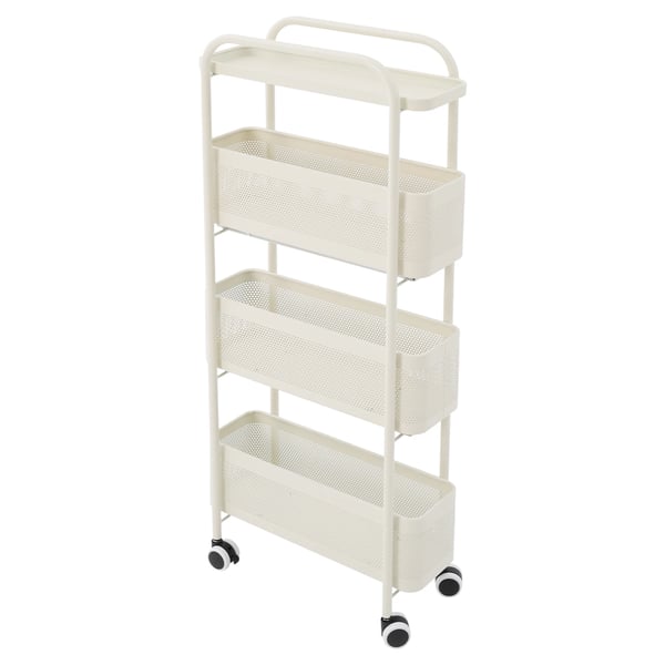 Smal rullvagn - förvaringsvagn - 4 nivåer - 15 cm smal - utdragbara nätkorgar - kolstål - med hjul - 40×15×89,5 cm - mjölkvit