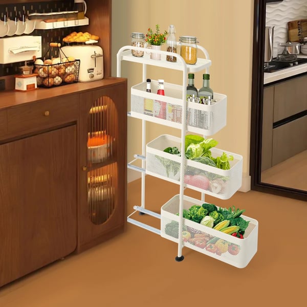 Slank rullevogn - opbevaringsvogn - 4 niveauer - 15 cm smal - udtrækkelige netkurve - kulstofstål - med hjul - 40×15×89,5 cm - mælkehvid