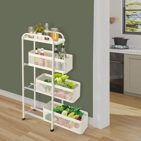Slank rullevogn - opbevaringsvogn - 4 niveauer - 15 cm smal - udtrækkelige netkurve - kulstofstål - med hjul - 40×15×89,5 cm - mælkehvid