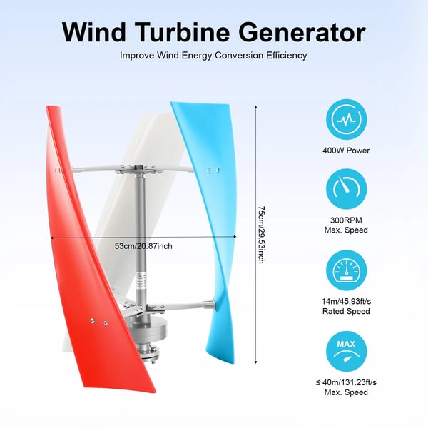 Vindgenerator - Vertikal spiral vindmølle sæt - 24V - 400W - Med laderegulator - Vandtæt - Til båd & autocamper - Blå