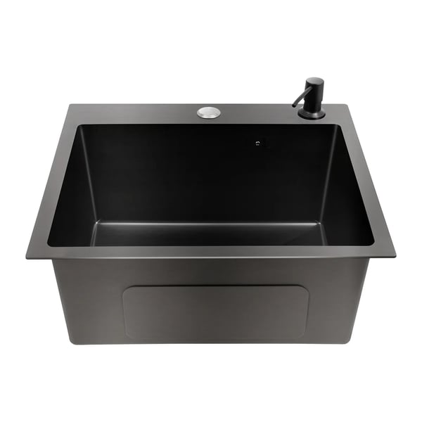 Køkkenvask i rustfrit stål - Enkeltvask - 45x40x20 cm - Rektangulær - Uden armatur - Sæbedispenser 150 ml - Sort