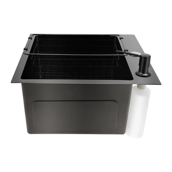 Køkkenvask i rustfrit stål - Enkeltvask - 45x40x20 cm - Rektangulær - Uden armatur - Sæbedispenser 150 ml - Sort