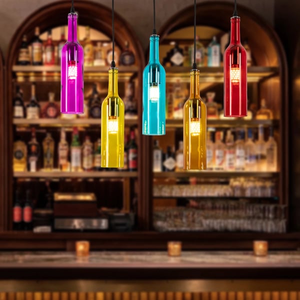 Vinflaske pendel - 5-lys - Højdejusterbar 150 cm - E27-fatning - Dæmpbar - Glas - Uden pærer - Flerfarvet
