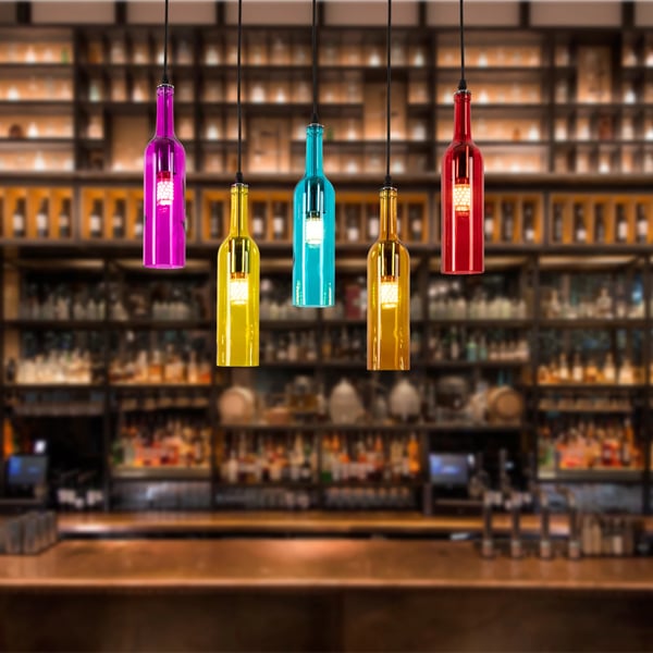 Vinflaske pendel - 5-lys - Højdejusterbar 150 cm - E27-fatning - Dæmpbar - Glas - Uden pærer - Flerfarvet