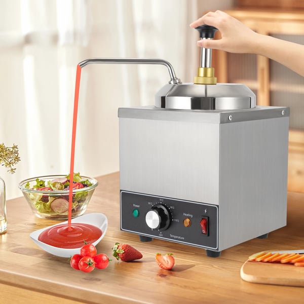 Kommerciel saucedispenser - Elektrisk enkelpumpe - Opvarmet - 2 L kapacitet - 650 W - 220 V/50 Hz - 201 rustfrit stål - Sølv