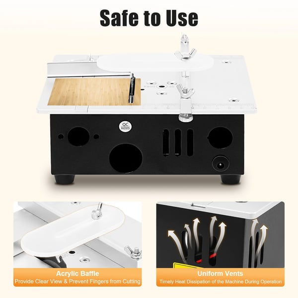 Mini bordsav - Desktop model til træ - Effekt 96 W - DC 24 V - Hastighed 5000 o/min - Motor 775 - Skæredybde 15 mm - Adapter 110–240 V - Sort