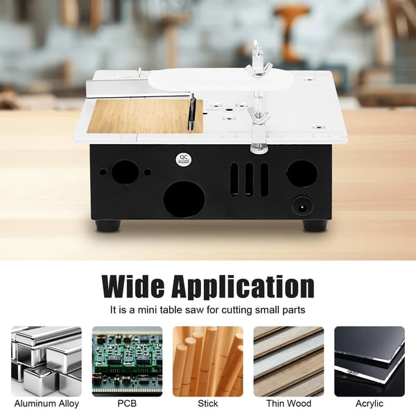 Mini bordsav - Desktop model til træ - Effekt 96 W - DC 24 V - Hastighed 5000 o/min - Motor 775 - Skæredybde 15 mm - Adapter 110–240 V - Sort