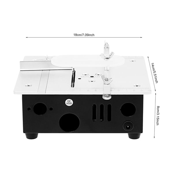 Mini bordsav - Desktop model til træ - Effekt 96 W - DC 24 V - Hastighed 5000 o/min - Motor 775 - Skæredybde 15 mm - Adapter 110–240 V - Sort