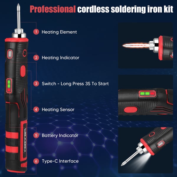 Trådløs loddekolbe - Sæt - 11 W - 1800 mAh batteri - op til 480 °C - LED-lys - Hurtig opvarmning - Med holder og spidser - Grå