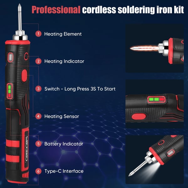 Trådløs loddekolbe - Sæt - 11 W - 1800 mAh batteri - op til 480 °C - LED-lys - Hurtig opvarmning - Med holder og spidser - Grå