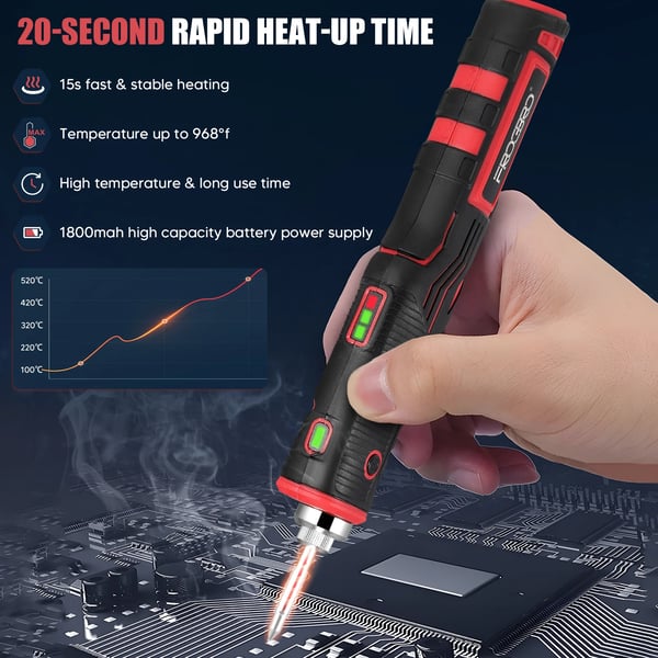 Trådløs loddekolbe - Sæt - 11 W - 1800 mAh batteri - op til 480 °C - LED-lys - Hurtig opvarmning - Med holder og spidser - Grå