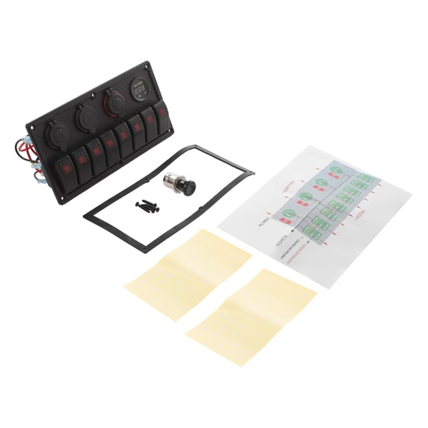 Marine afbryderpanel - 8-vejs LED - DC 12–24 V - 20A/10A - Sikring 15A - Vandtæt - Grøn baggrundsbelysning - Brun