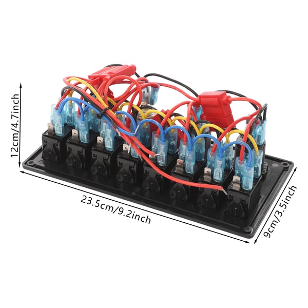 Marine LED afbryderpanel - 8-position - Vandtæt - Bred indgang 12–24V 20A/10A - 15A Sikring - Blå LED - Sølv