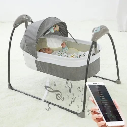 Babyseng - Elektrisk vugge - Fjernbetjening - Musik - Myggenet - 0–12 måneder - Op til 10 kg - Metalramme - Grå