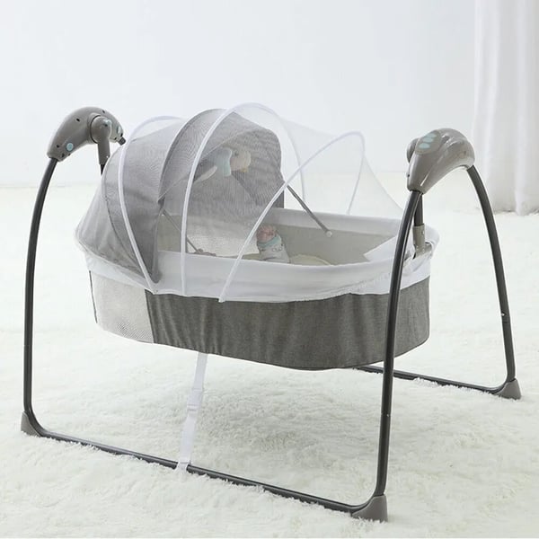 Babyseng - Elektrisk vugge - Fjernbetjening - Musik - Myggenet - 0–12 måneder - Op til 10 kg - Metalramme - Grå
