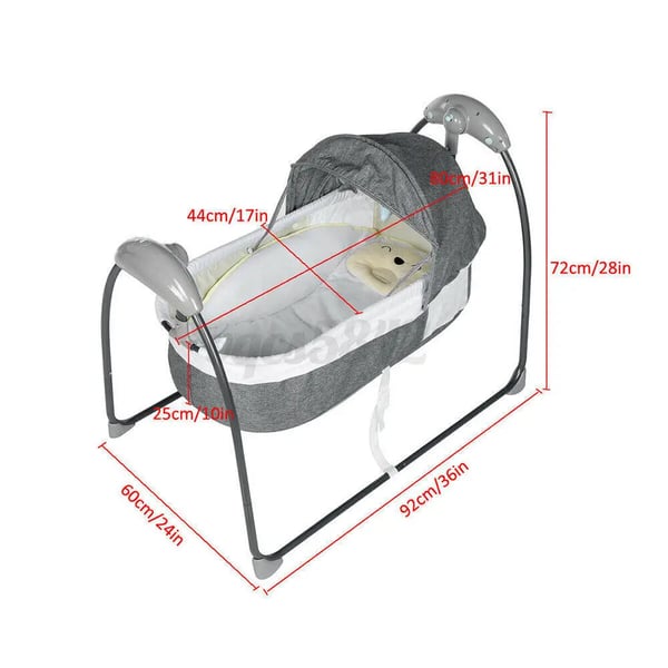 Babyseng - Elektrisk vugge - Fjernbetjening - Musik - Myggenet - 0–12 måneder - Op til 10 kg - Metalramme - Grå