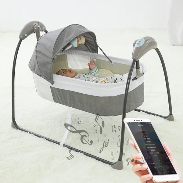 Babyseng - Elektrisk vugge - Fjernbetjening - Musik - Myggenet - 0–12 måneder - Op til 10 kg - Metalramme - Grå