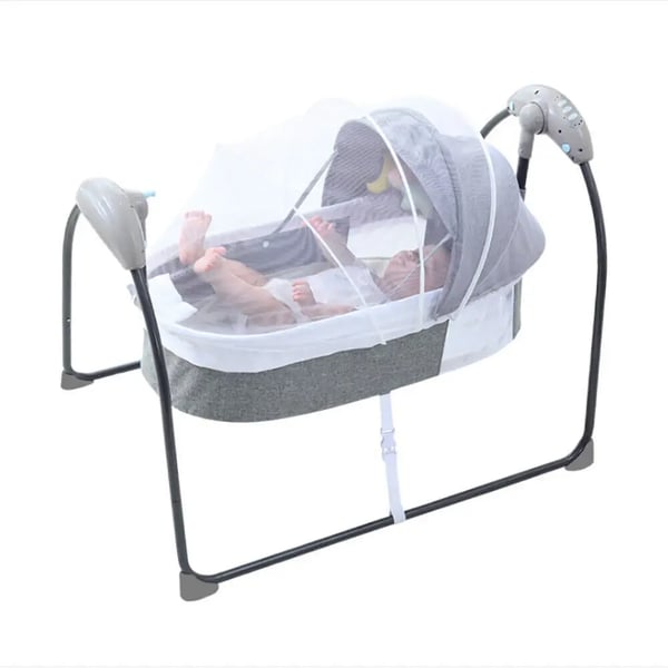 Babyseng - Elektrisk vugge - Fjernbetjening - Musik - Myggenet - 0–12 måneder - Op til 10 kg - Metalramme - Grå