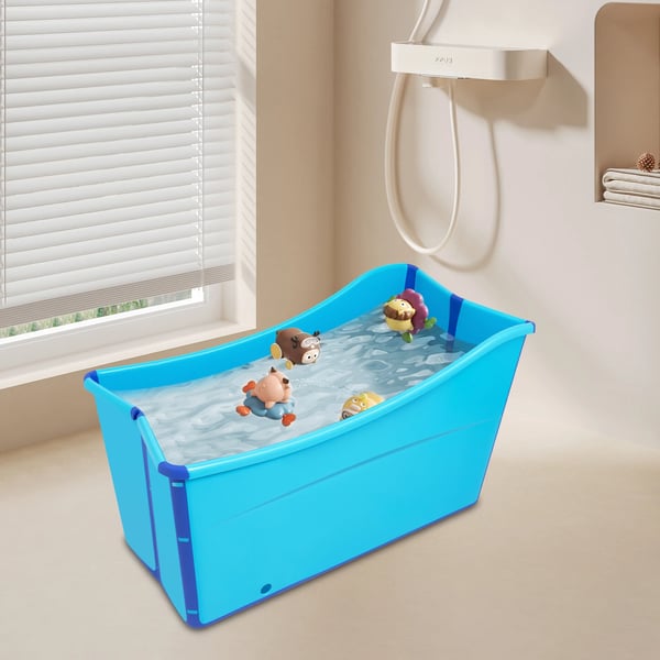 Foldbart badekar - Rektangulær gulvmodel - PP+TPE - Til børn/voksne op til 1,6 m - 90 kg - 120 °C - Sammenfoldet 10 cm - Afløbsslange 1,1 m - Blå