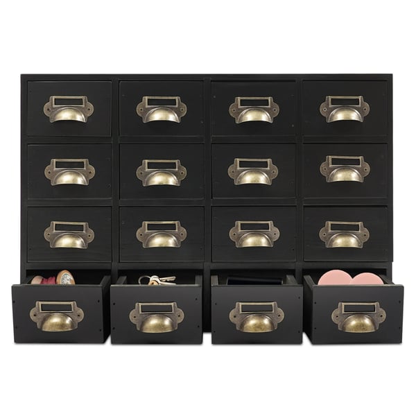 Træopbevaringsskab - Apotekerskab med 16 skuffer - 50×10×35 cm - Massivt træ & krydsfiner - Max 10 kg - Skrivebordsorganizer - Sort