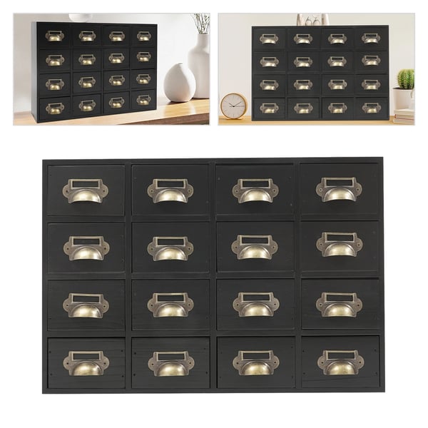 Træopbevaringsskab - Apotekerskab med 16 skuffer - 50×10×35 cm - Massivt træ & krydsfiner - Max 10 kg - Skrivebordsorganizer - Sort