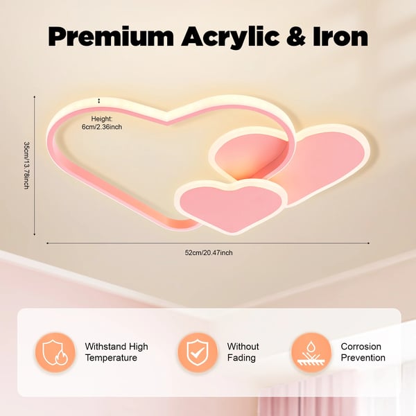 Hjerteformet LED-loftlampe - Dæmpbar, Fjernbetjening, 8–10 m², 220 V, Inkl. lyskilde, Jern og akryl - Pink