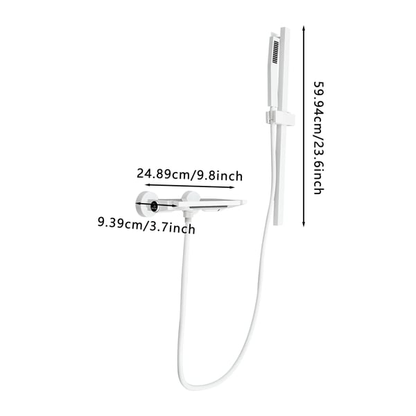 Vandfald badekarsarmatur med håndbruser - Messing - Slange 1,5 m anti-vrid - CC 13,5–16 cm - Tryk 2 MPa - Temperatur 0–65 °C - Hvid