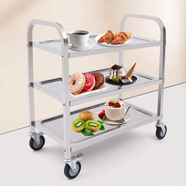 Serveringsvogn/Køkkenvogn - Rustfrit stål - 3 hylder - 20 kg pr. hylde - Hjul med bremse - Håndtag - Til køkken og kontor